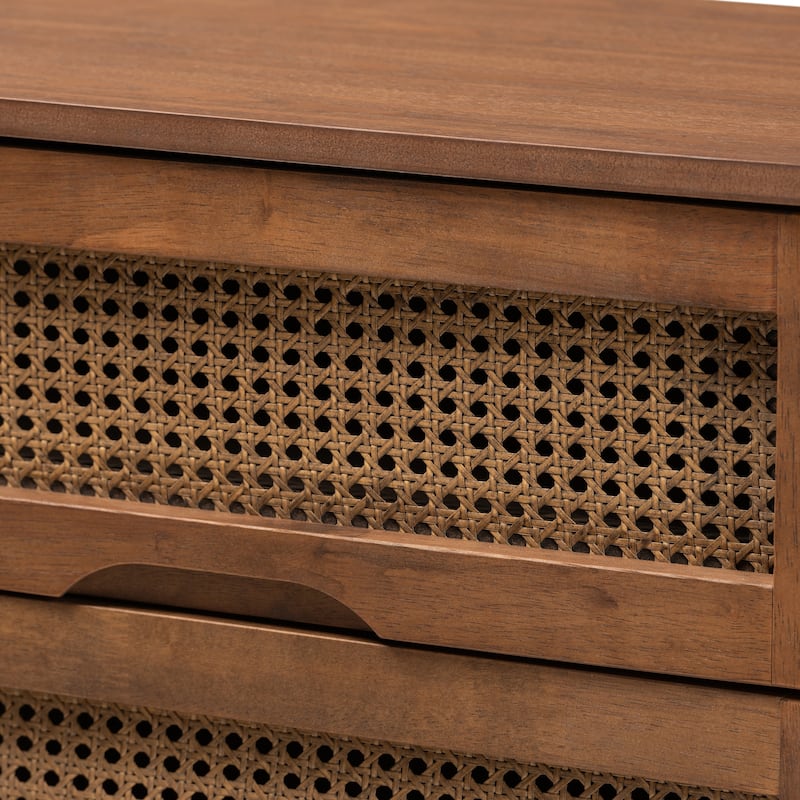 Rina Mid-Century Modern Ash Walnut Finished Wood 3-Piece/ 4-Piece Bedroom Set with Synthetic Rattan(Multiple Bed Sizes)