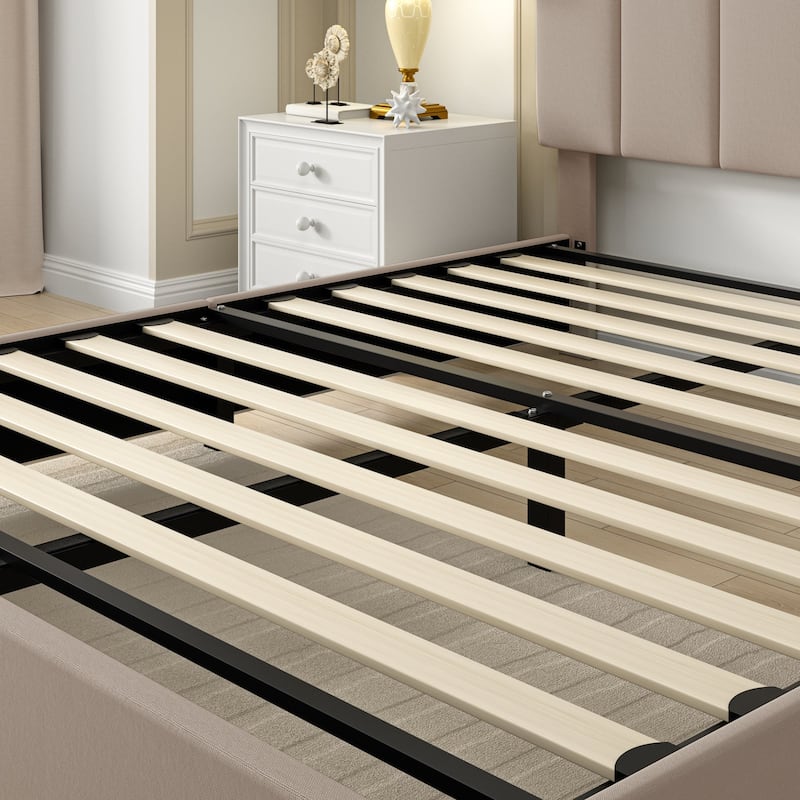 VECELO Platform Bed Frame with Type-C & USB Charging Stations Upholstered Adjustable Headboard Strong Wooden Slats Support