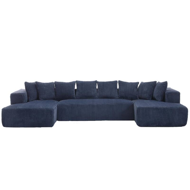 131'' Modular U-shaped Striped Corduroy 4 Seater Sofa, Blue