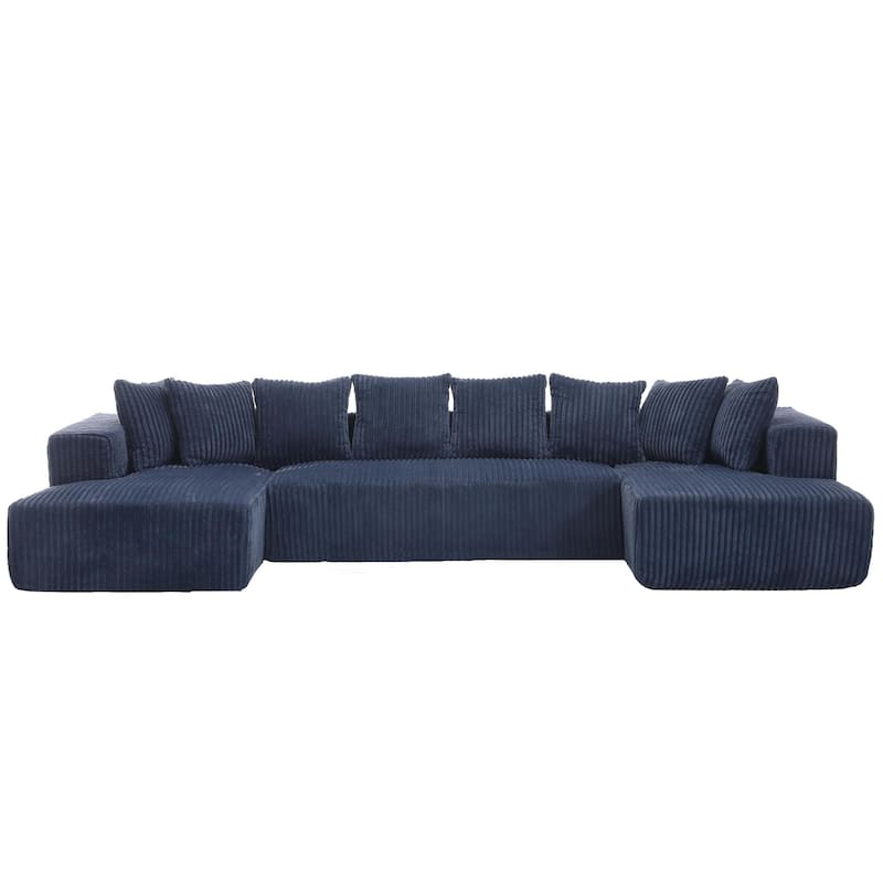 Large U-Shaped Sectional Couch with Chaise Lounge, Striped Corduroy Upholstery, Blue