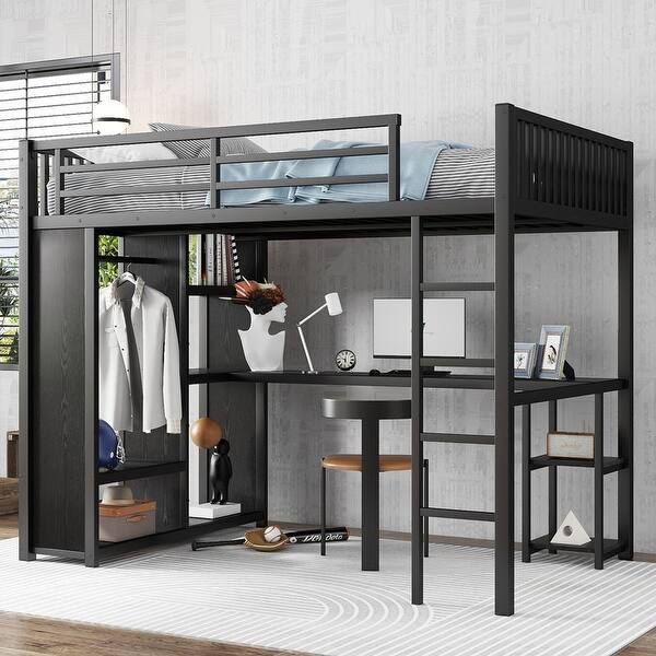 slide 2 of 6, Full XL Size Metal Loft Bed with Built-in Wardrobe, Desk and Storage Shelves