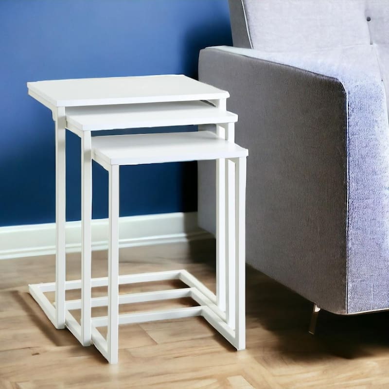 Modern White Solid Wood Nesting Tables Set of 3 with Steel Frame for Living Room or Bedroom - 23.5"H x 18"L x 12"W