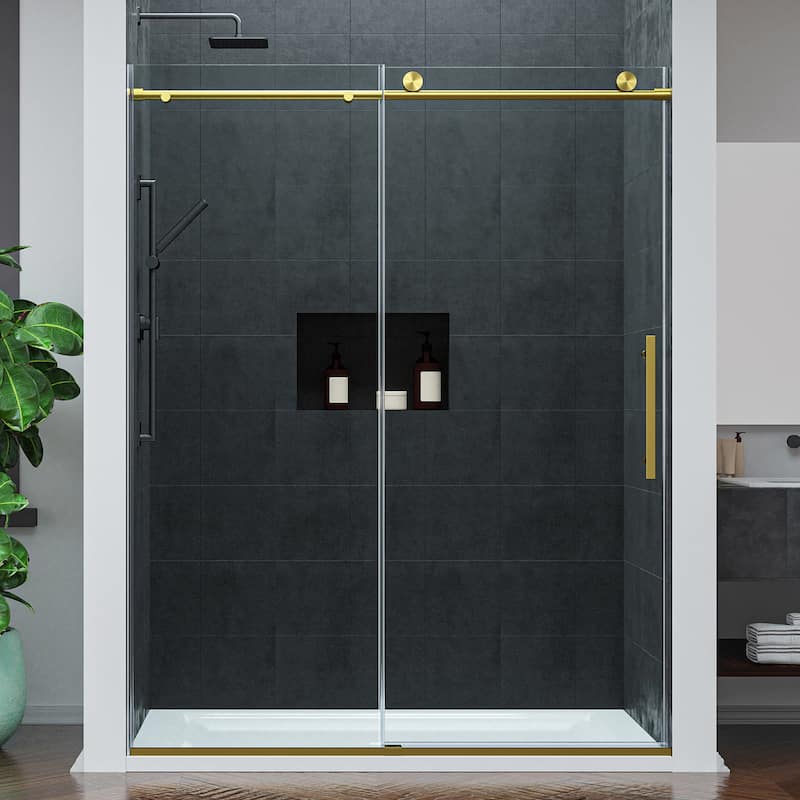 Mountain 60-inch Reversible Frameless Sliding Deco-Glass Shower Door with Soft-Close System - Brushed Gold