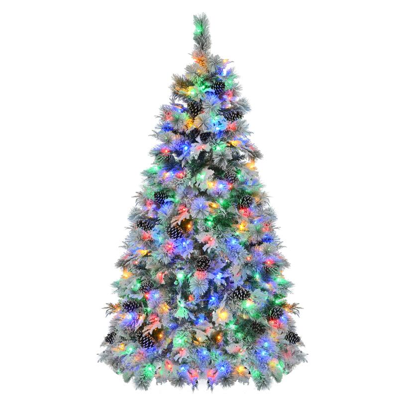 Pre-Lit Snow Flocked Spruce Tree - Mixed PE & PVC Branches, Multi-Color LED Lights, Pine Cones - White+Green