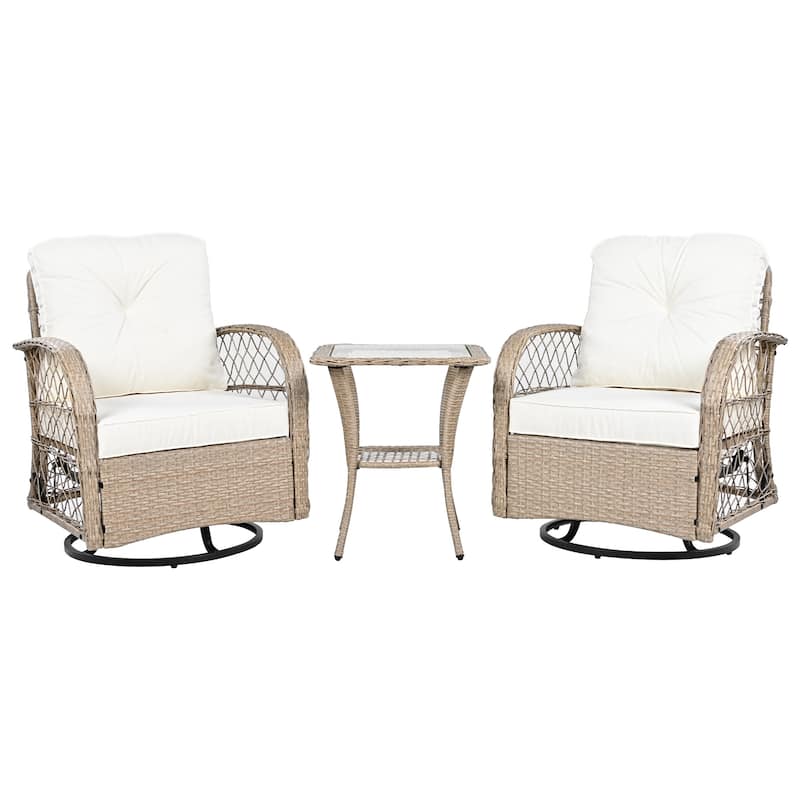 3-Piece Outdoor Chair Table Set Chat with Square Table & 2 Swiveling Chairs Set 2-person Rattan Seating Group for Garden