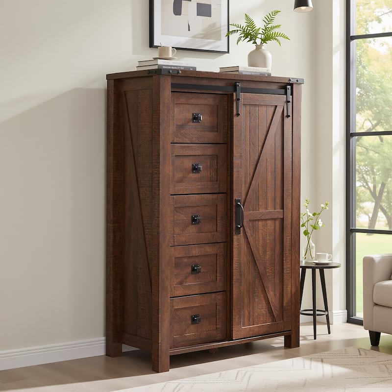 Farmhouse 5 Drawers Dresser, Vintage Chest of Drawers with Barn Door - Brown