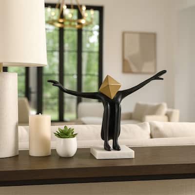 Abstract Metal Stone Head with Extended Arms Pose - 13" Black Gold - 13" x 5" x 8"