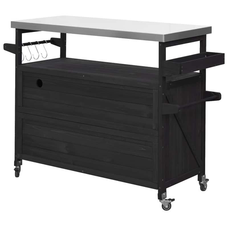 Outdoor Kitchen Island, Rolling Bar Cart & Storage Cabinet with Stainless Steel Top