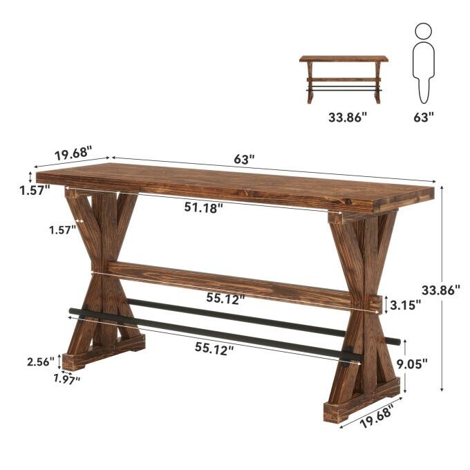 63" Solid Wood Bar Table, Farmhouse Counter Height Dining Table - N/A