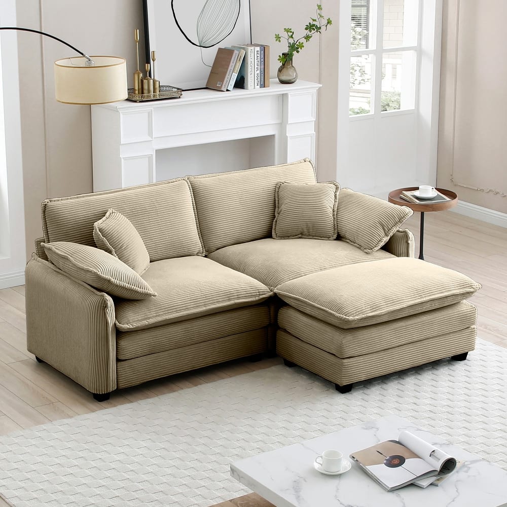 3-piece Corduroy Upholstered L-Shaped Modular Sectional Sofa with Removable Ottoman, 4 Pillows, and Free Combination
