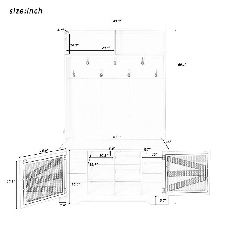 Breathable Hall Tree Cabinet Coat Rack with Adjustable Shelves & Bench Seat, Shoe Storage Cabinet with Wire Mesh Door