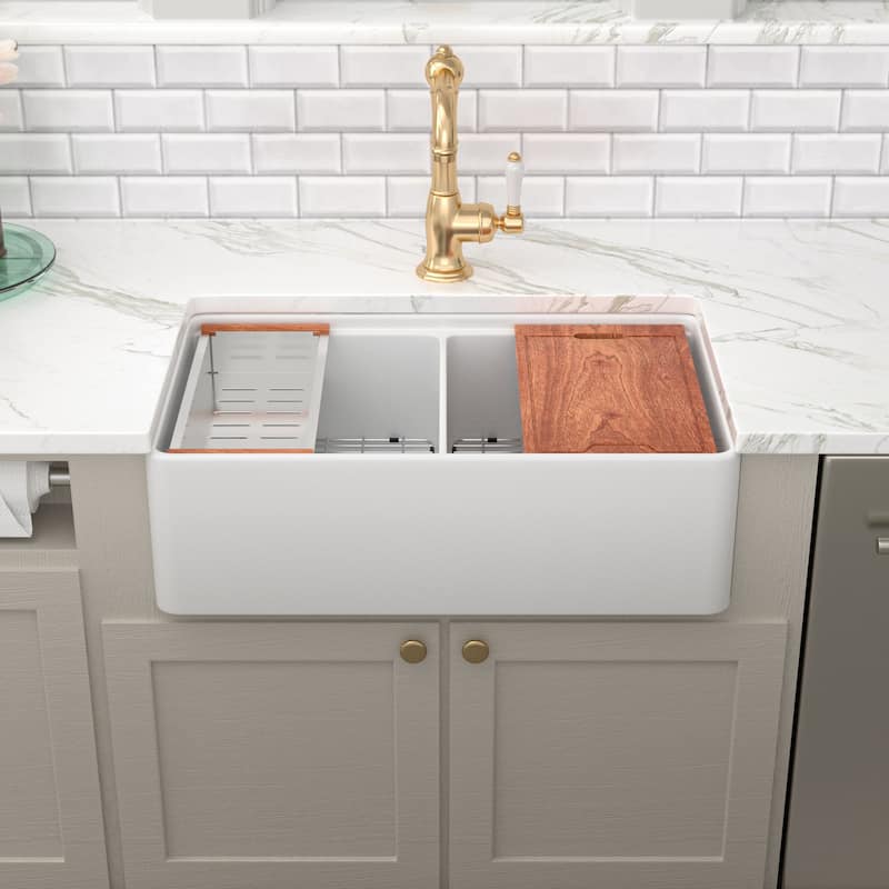 Kichae 33 Inch Ceramic Sink Undermount Double Bowl Workstation White Kitchen Sink - 33 in.W x 20 in.D x 10 in.H
