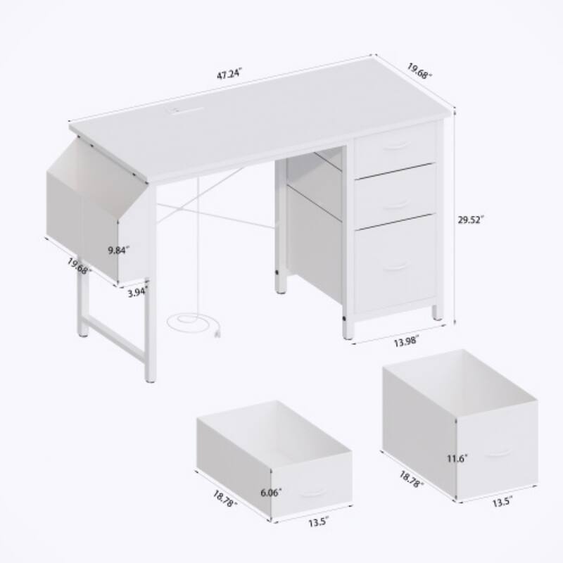 47'' Office Desk, Modern Reversible Study Writing Desk Workstation With Hutch, 3 Drawers, Power Outlets And Side Pockets