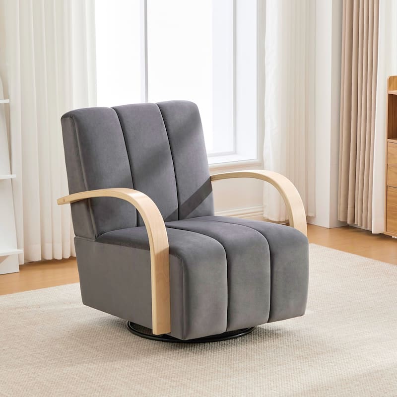 360°Swivel Accent Chair with Solid Wood Armrests, Modern Upholstered Lounge Chairs Single Sofa Reading Chair for Hotel Office - Grey - Velvet