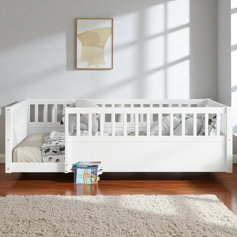 Twin/Full Montessori Floor Bed with High Fence & Open Door, Solid Pine, Playroom/Bedroom, No Box Spring
