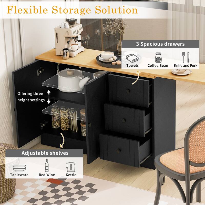 89.7" Wooden Sideboard Buffet Cabinet with Extendable Table, 2 Doors, 3 Drawers, Adjustable Shelf for Kitchen or Living Room