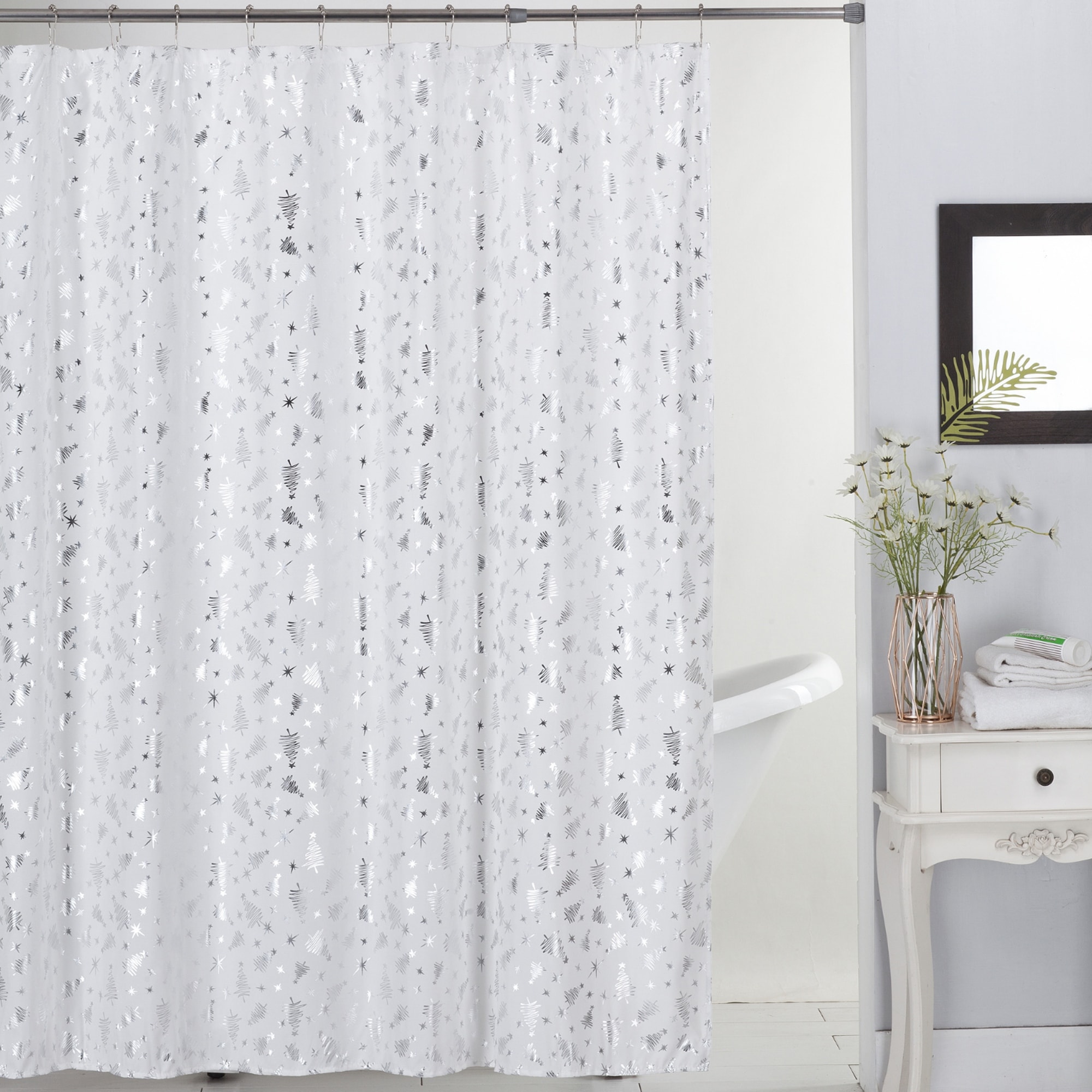 Sparkling Christmas Tree Red Window Curtains Shower Curtain Set Bathroom Decor 