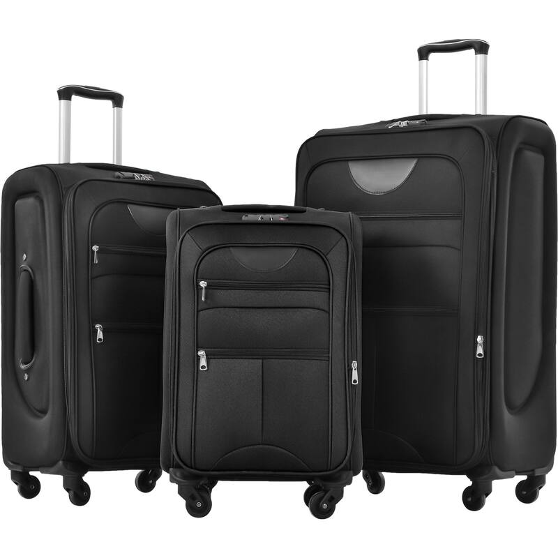 Merax 3 Piece Set Softside Luggage Sets with Spinner Wheels, Expandable Softshell Suitcase Set with Telescopic Handle - Black