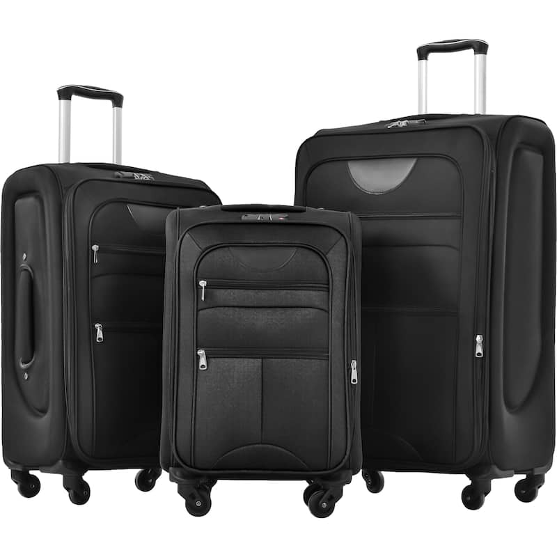 Softside Luggage Expandable 3 Piece Set Suitcase Upright Spinner Softshell Lightweight Luggage Travel Set - Black