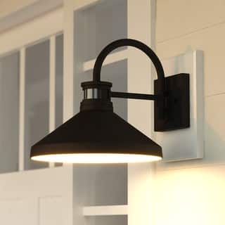 VAXCEL Highland Park Matte Black and White Motion Sensor Dusk to Dawn Outdoor Wall Sconce Light Fixture, Steel Shade