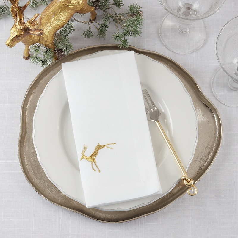 Embroidered Table Napkins With Gold Reindeer Design (Set of 4) - 20"x20"