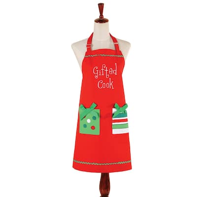 Gifted Cook Sentiment Holiday Themed Embroidered Cotton Red Apron, 15 x 20 in.