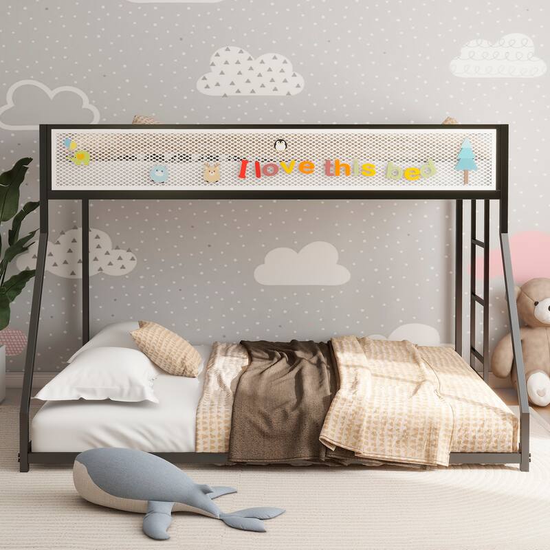 Twin Over Full Bunk Bed with Guard Rail & Stable Ladder, Metal Frame for Kids & Adults, Low Profile Design