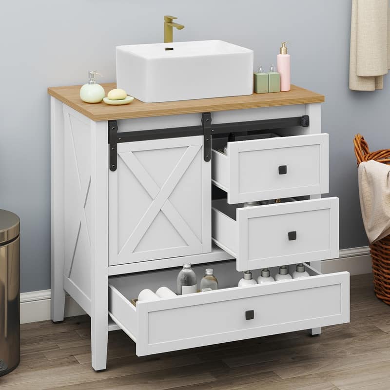 Moasis Farmhouse Bathroom Vanity Cabinet with Ceramic Sink Basin and Sliding-Door Cabinet & 3 Drawers
