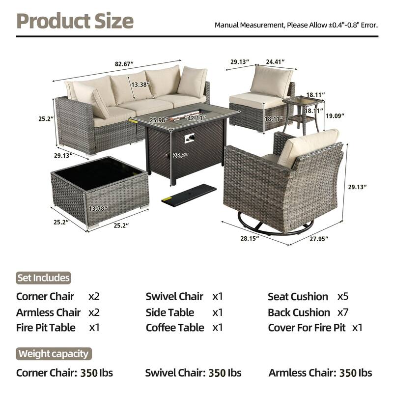 XIZZI 8-piece Patio Outdoor Wicker Furniture Swivel Chair Set with Firepit Table