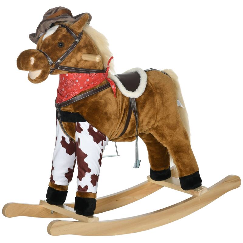 Kids Plush Rocking Horse with Authentic Neigh Sounds, Saddle, and Stirrup for 3-8 Years Old - Comfortable Velvet Fabric