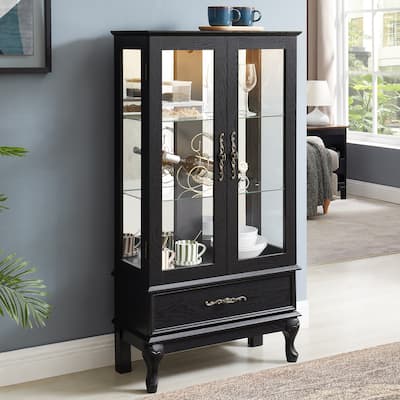 Black LED-Lit Curio Cabinet - Glass Door Display Case With Adjustable Shelves & Storage Drawer‌
