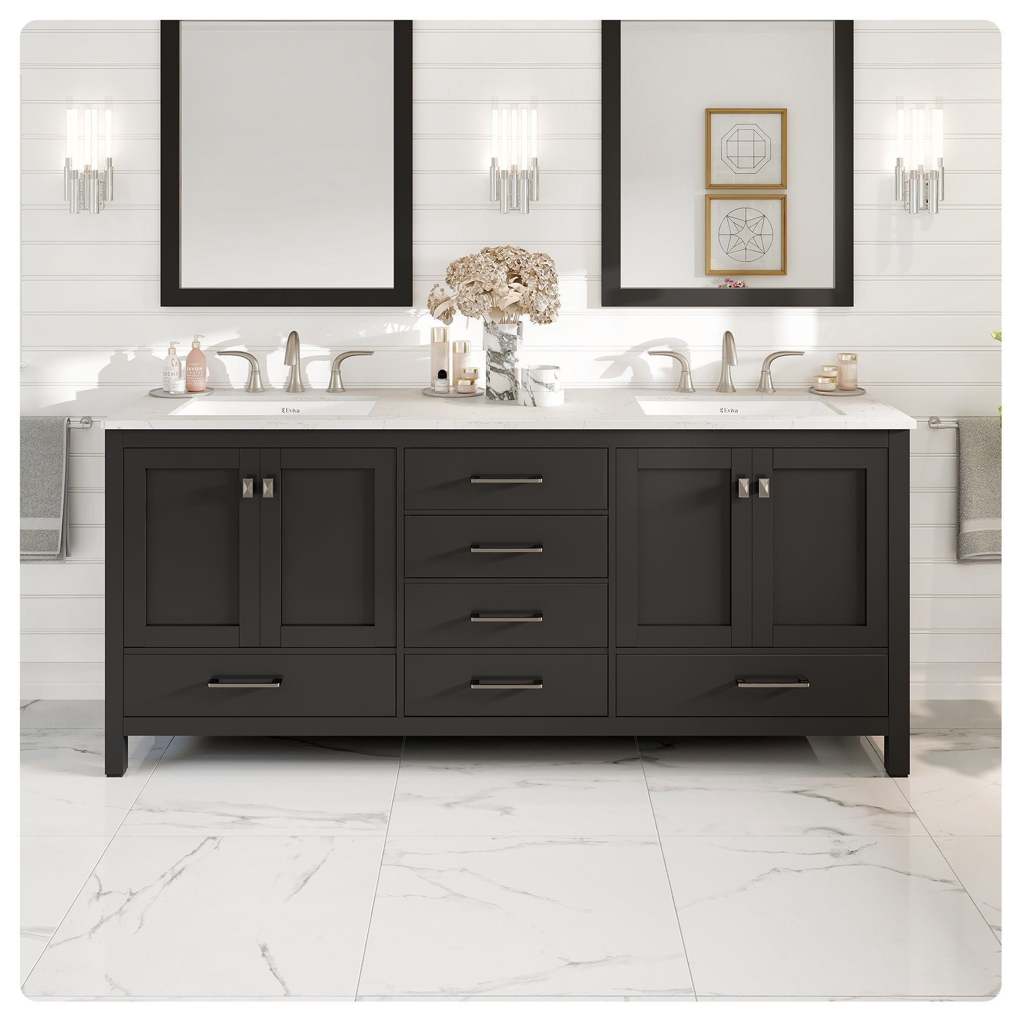 Eviva Aberdeen 78"W Espresso DS Bath Vanity with White Carrara Quartz Top