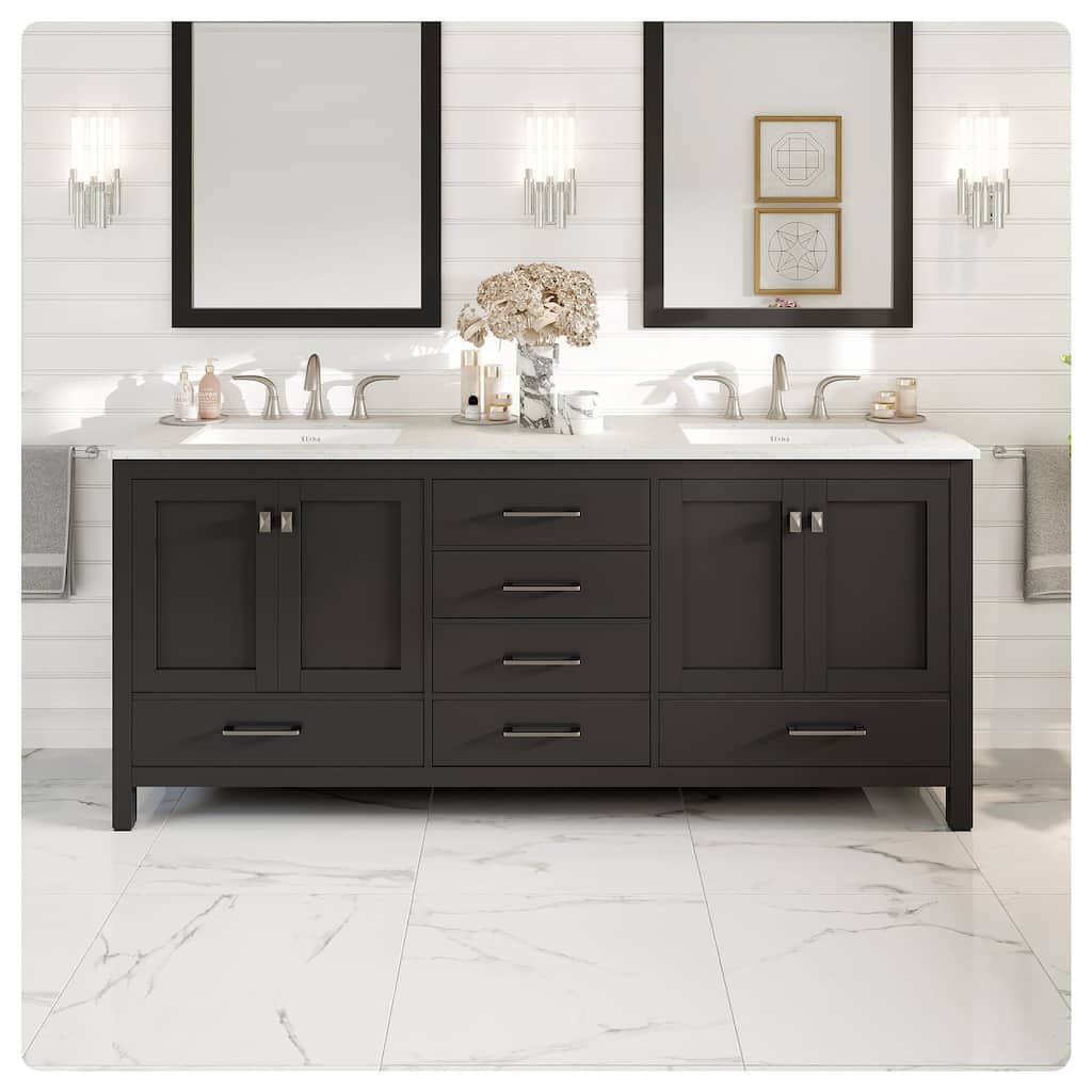 Eviva Aberdeen 78"W Espresso DS Bath Vanity with White Carrara Quartz Top