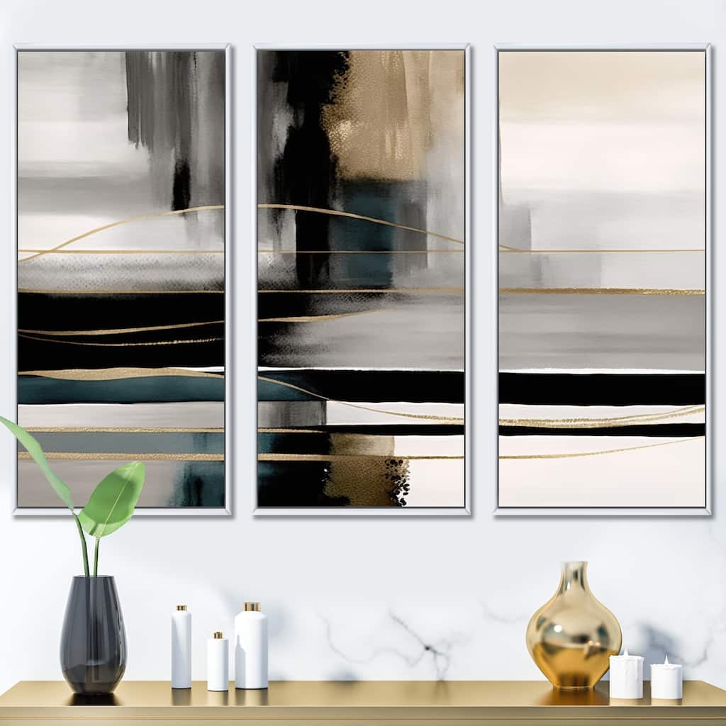 Designart "Abstract Geode Geometric Black And Gold III" Modern Geometric Framed Canvas Art Print - 3 Panels
