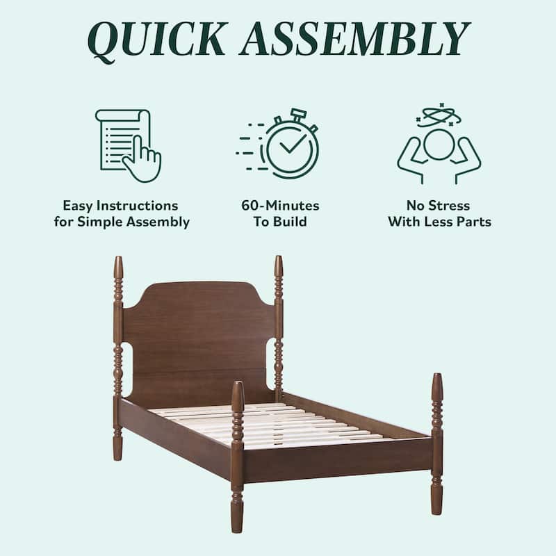 Walker Edison Easy Assembly Solid Wood Twin Bed with Wood-Turning Detail