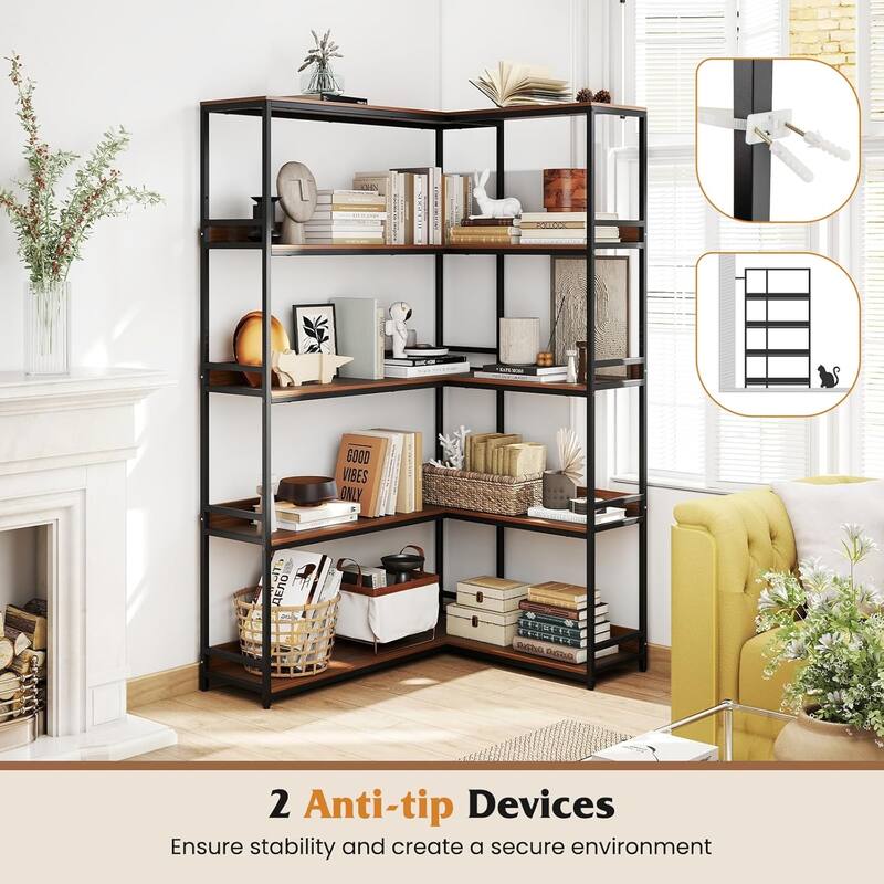 5-Tier Industrial Wood Open Corner Bookcase 90 Degrees Large Bookshelf