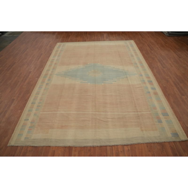 Hand Woven Oriental 100% Wool Carpet Southwestern Tribal Pink Kilim Area Rug - 12' 3'' X 9' 2''