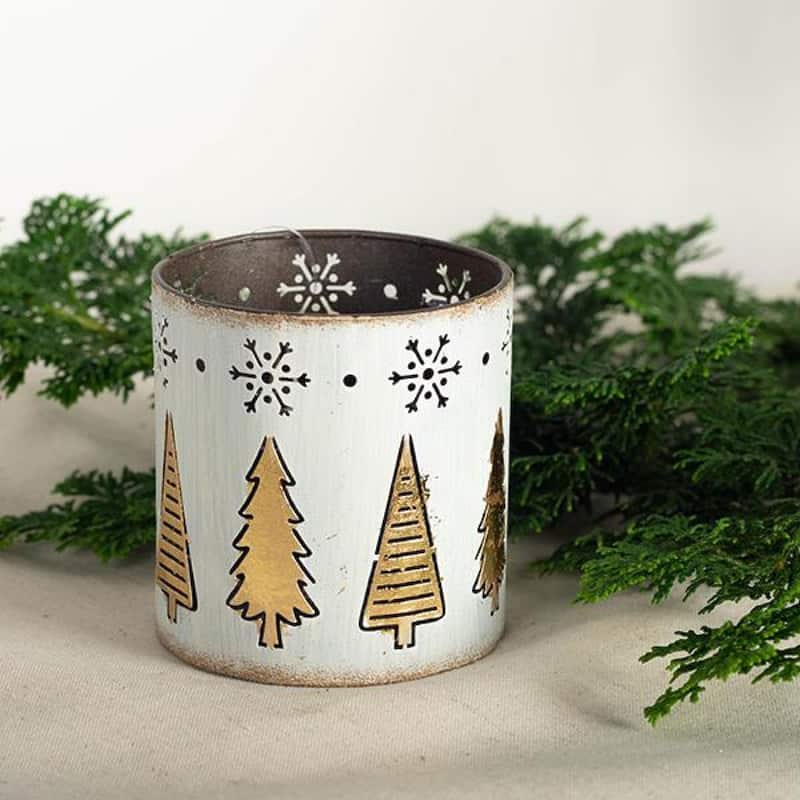 White With Gold Trees And Snowflake Cutouts Candle Holder