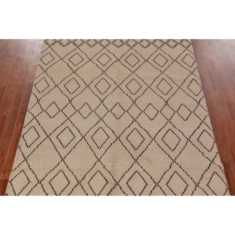 Hand Knotted Oriental 100% Wool Carpet Modern Geometric Beige & Ivories Moroccan Area Rug - 8' 0'' X 5' 0''