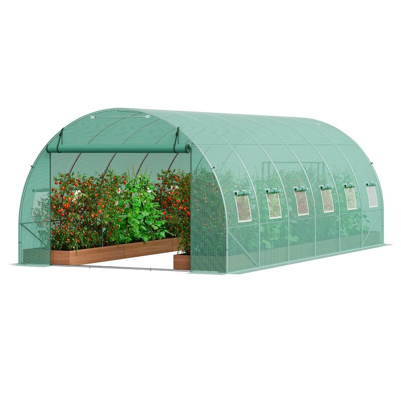 Walk-in Tunnel Greenhouse, Hoop House Greenhouse Tunnel, Plant Hot House with Galvanized Steel Frame, Green PE Cover - 19.4x9.7x6.5 ft ,Green