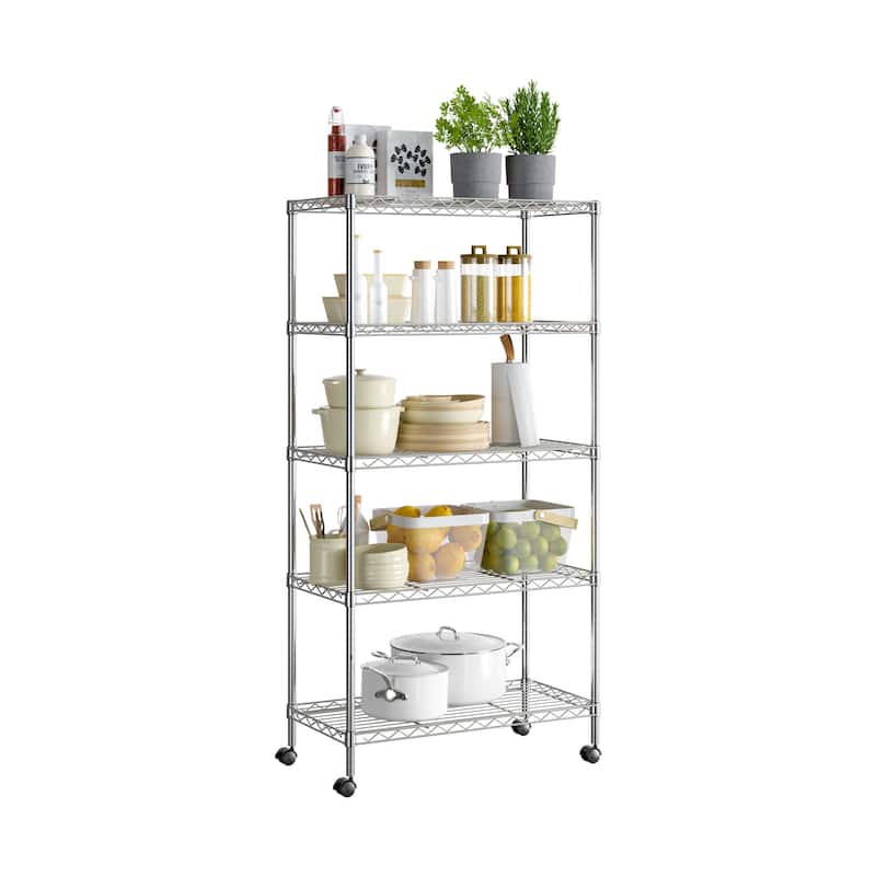 Seville Classics 5-Tier Steel Wire Shelving with Wheels, 30" W x 14" D x 60" H - Silver