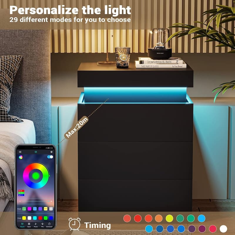 Bedroom Nightstand Charging Station LED Lights Sliding Top 3 Drawers