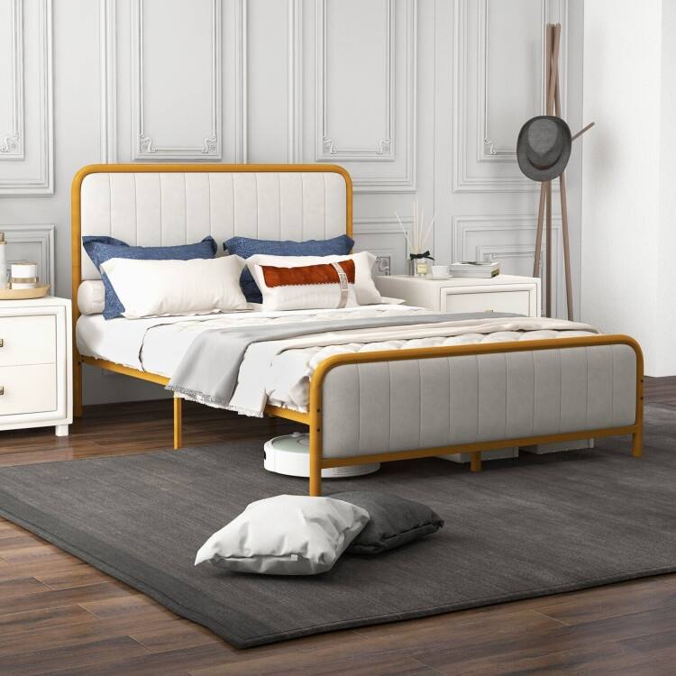 Upholstered Gold Platform Bed Frame with Velvet Headboard