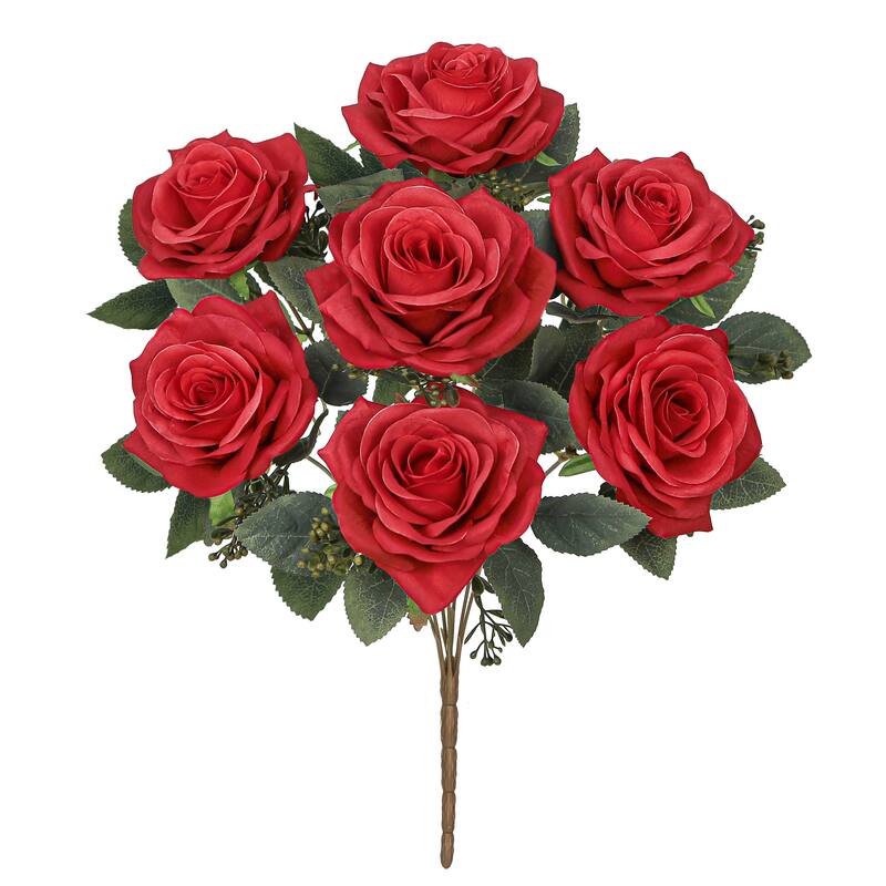 Set of 2 Red Artificial Queen Tea Rose Flower Stem Bush Bouquet 17in - 17" L x 9" W x 9" DP