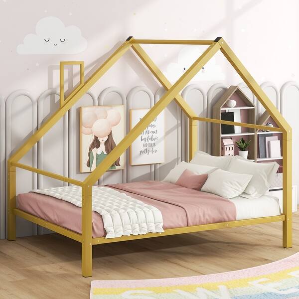 slide 2 of 8, Full Metal House Platform Bed with Roof & Chimney,Montessori Bed, Gold Gold