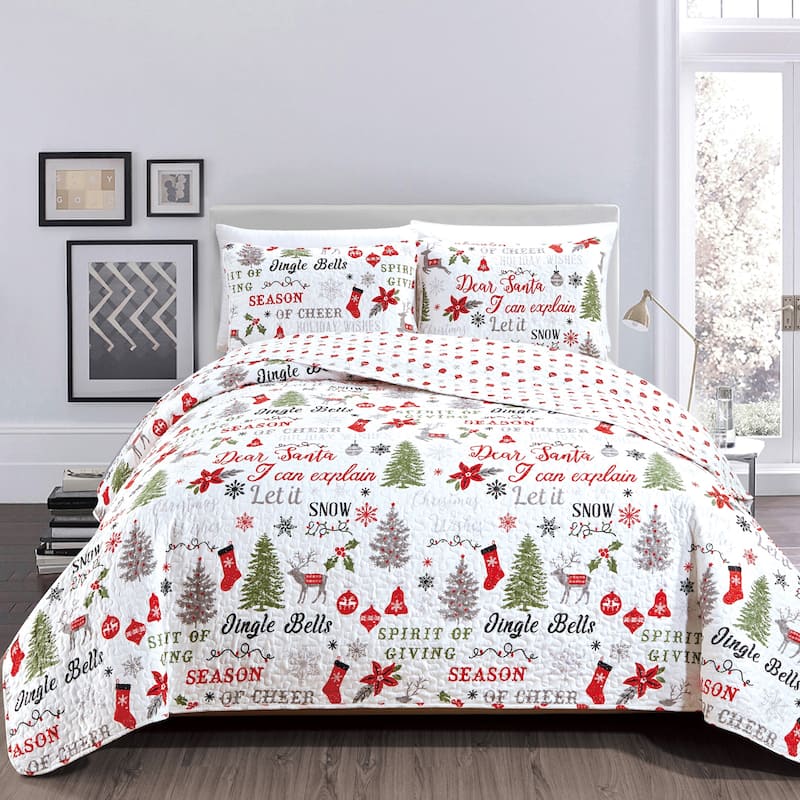 Premium Holiday Printed Microfiber Quilt Set With Shams - Holiday Wishes - Twin