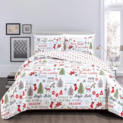 Premium Holiday Printed Microfiber Quilt Set With Shams