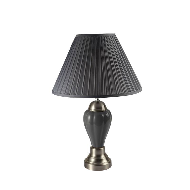1pc Elegant Crafted Table Lamp Glossy Gray Base Contrasting Metallic Details Pleated Shade Modern Look Porcelain Rotary Switch - Gray