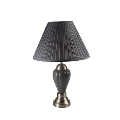 1pc Elegant Crafted Table Lamp Glossy Gray Base Contrasting Metallic Details Pleated Shade Modern Look Porcelain Rotary Switch