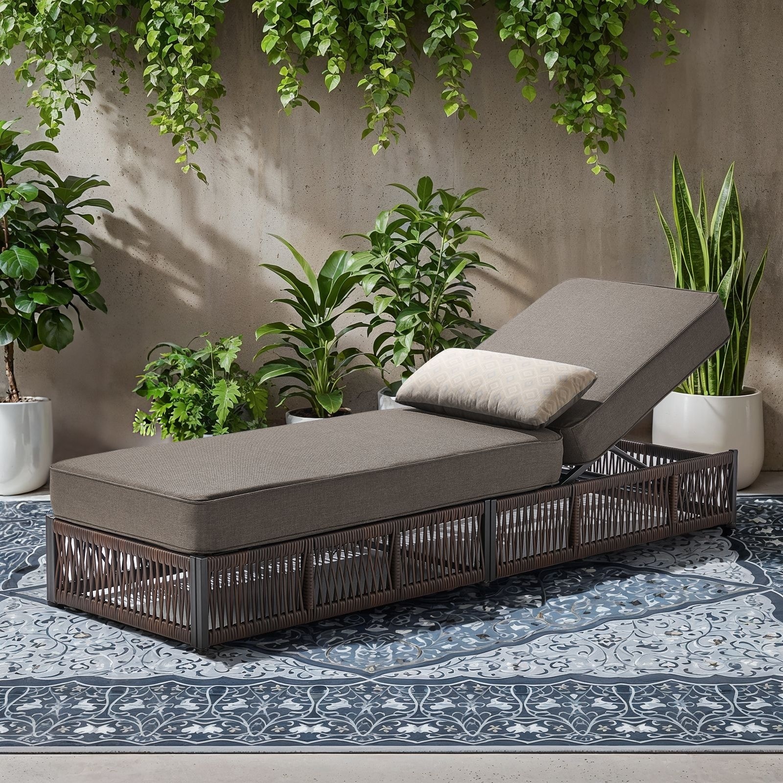 Gymojoy Outdoor Patio Chaise Lounge Chair, Luxury Rattan Recliner with 6-Position Backrest & 5-Inch Thick Cushions - 1-Piece